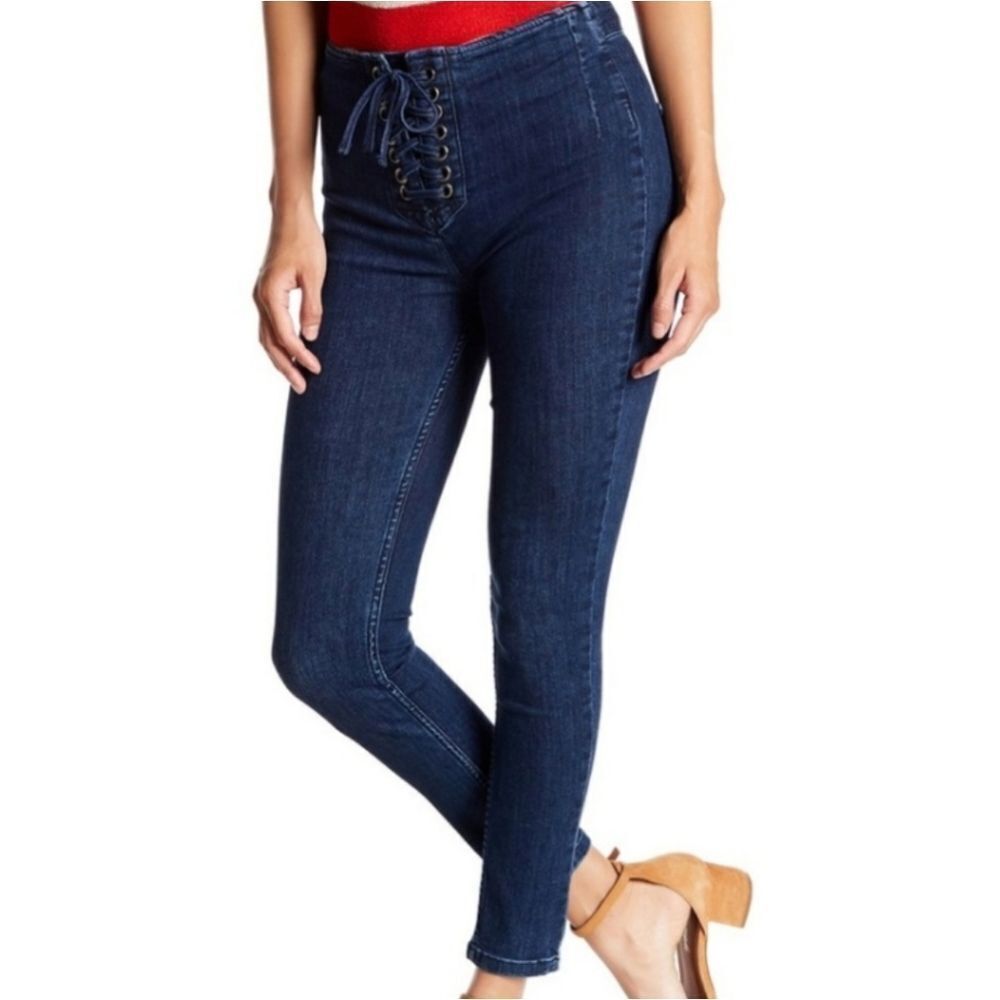Free People Blue Skinny Lace-Up Jeans